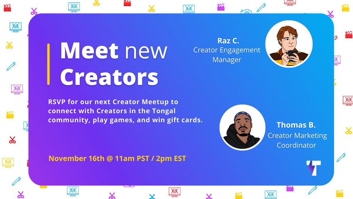 Join our next Creator Meetup where you’ll have the chance to vibe with Tongal team members and Creators. Ready to meet cool people, play games and win gift cards? RSVP today! bit.ly/TongalCreatorM…