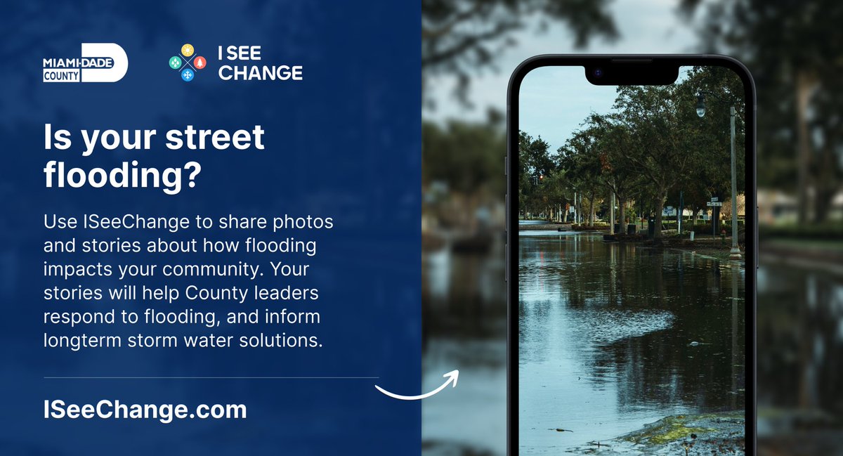 .@MiamiDadeCounty is teaming up with @iseechange to offer residents a new way to report street flooding & climate impacts. By sharing a photo on @iseechange, the County can respond to your flood complaint & your sighting will inform solutions in your area: iseechange.com/sign-up