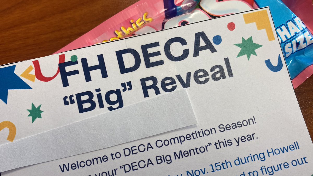 FHHSDECA's tweet photo. Big/Little Reveal tomorrow during Howell Time. Check in with your HR teacher and bring your card to the commons!! https://t.co/eVUlYIJlbe