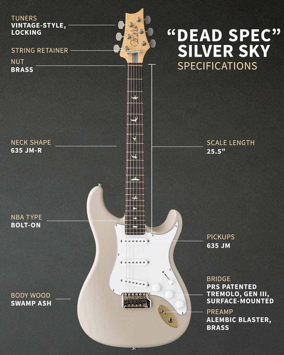 JohnMayer's tweet image. The @prsguitars Silver Sky that was developed for the @deadandcompany Final Tour is such a special instrument that I played it 95% of every show on the run. The onboard pre-amp and brass hardware is inspired by Jerry Garcia’s “Alligator” guitar, but its versatility extends far…