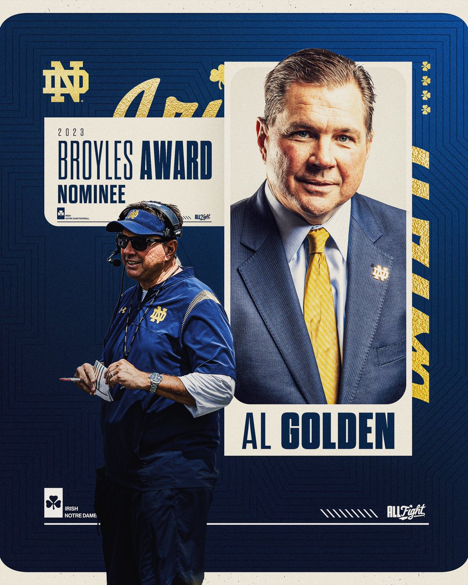 ☘️

<a href="/CoachAlGolden/">Al Golden</a> has been named a <a href="/BroylesAward/">The Broyles Award</a> Nominee 

#GoIrish☘️