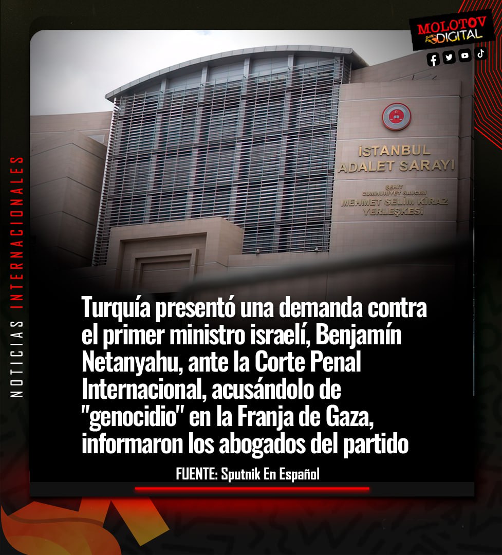 #Actualidad Turquía presentó una demanda contra el primer ministro israelí, Benjamín Netanyahu, ante la Corte Penal Internacional, acusándolo de "genocidio" en la Franja de Gaza, informaron los abogados del partido gobernante.

#MolotovDigital 🔴⚫️
<a href="/ActualidadRT/">RT en Español</a> <a href="/SputnikInt/">Sputnik</a>