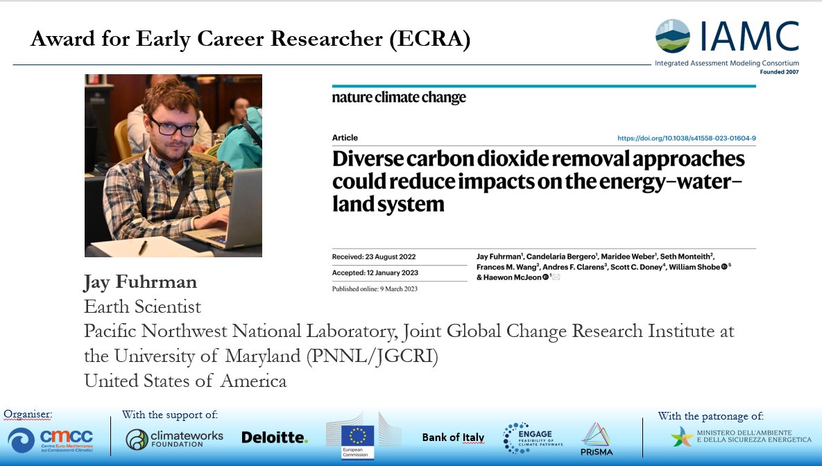 👏👏Congrats Jay Fuhrman who received today the ECRA  Award at #IAMC2023 
In his paper he has incorporated new and emerging CO2 removal technologies into IAM modelling helping to expand the scope of balancing both the positive emissions as well as negative emissions space.