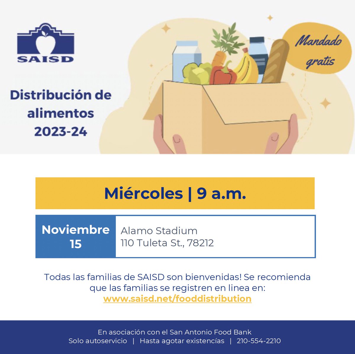 Join us at Alamo Stadium tomorrow morning for free groceries/food. @saisd