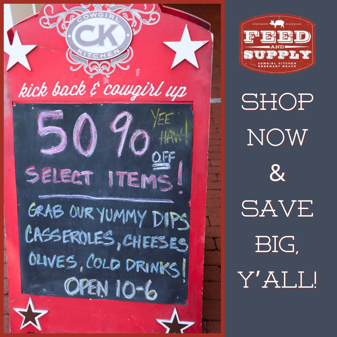 ckfeedandsupply's tweet photo. Southern charm meets savings! 🌟 Save 50% now on select items. Delve into the goodness of our yummy dips, casseroles, cheeses, olives, and cold drinks. 🍲🧀🥤 Don't miss out – savor the flavor in Rosemary Beach!

⭐️ See y’all Thursday, we open at 10am! 

#30a https://t.co/ymnFAlXIHN