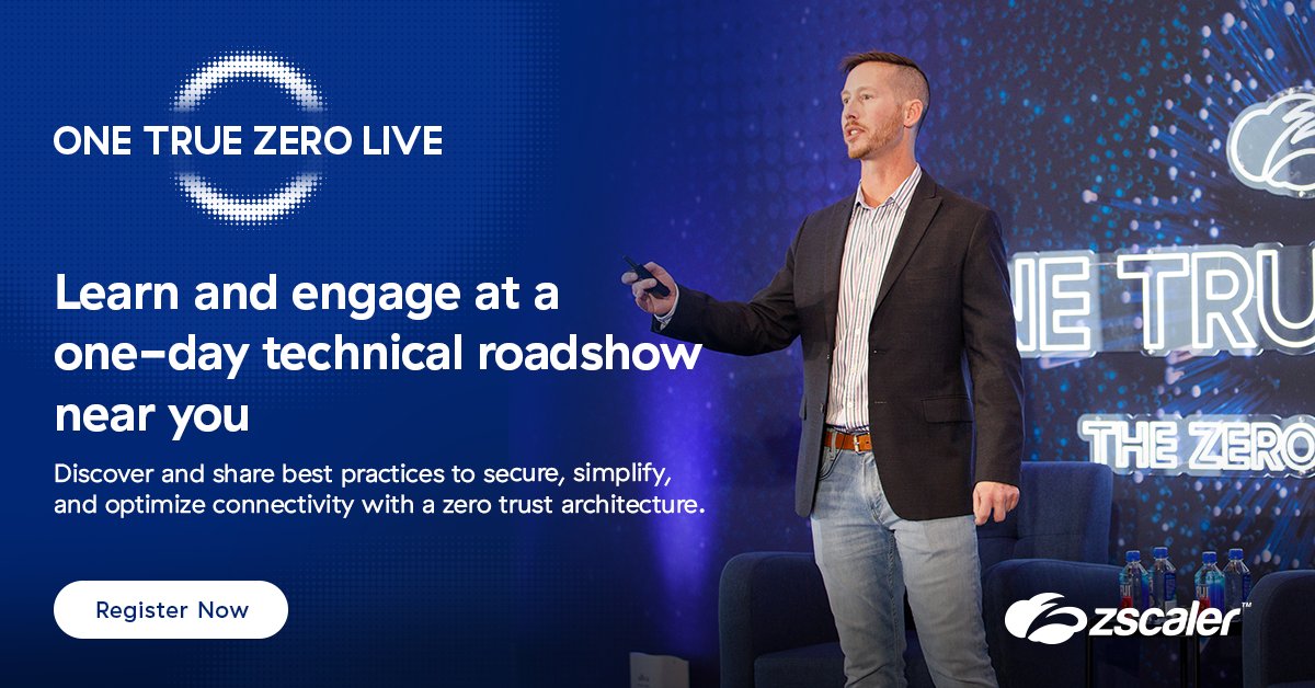 zscaler's tweet photo. One True Zero Live is back! Join us as we dive deep into the latest innovations to the Zscaler Zero Trust Exchange as well as real customer success stories focused on data protection, zero trust connectivity, and more. Register now! https://t.co/i4gNq3z0Py #OneTrueZeroLive https://t.co/6tUAxx6I5q