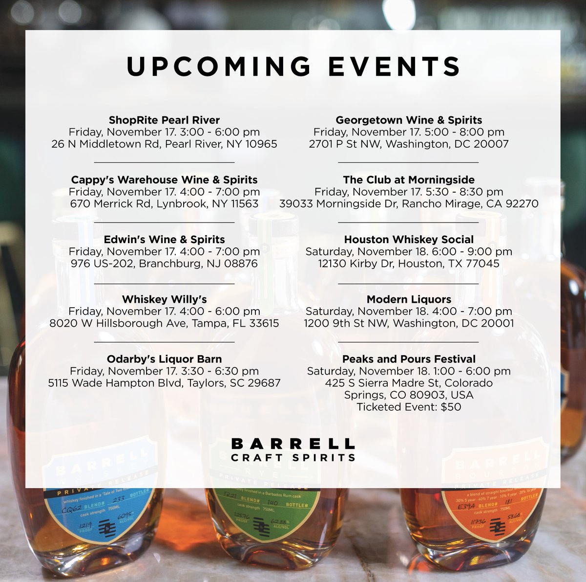 Stop by and taste the Barrell portfolio at one of our events this week 🥃 

barrellbourbon.com
