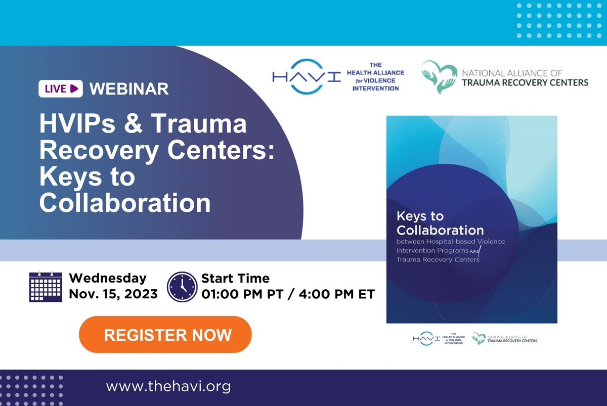Join us on Nov 15, 2023, at 4:00 p.m. ET for a special
webinar, in partnership with @TheHAVI 
Panelists will discuss the HVIPs and TRCs aiming to foster survivor-centered services. Register now: buff.ly/47s85DX