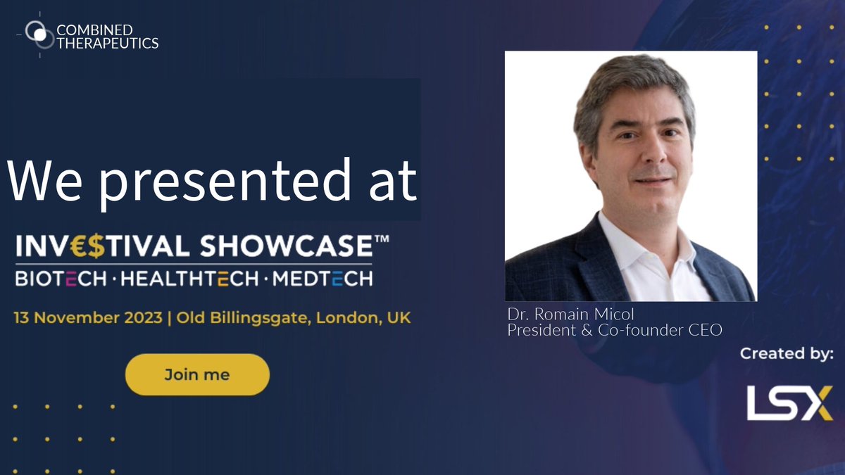 Combined Therapeutics (@combined_tx) on Twitter photo Yesterday, our President, CEO and Co-founder, Dr. Romain Micol, presented at the <a href="/lsxleaders/">LSX Leaders</a> #InvestivalShowcase.
We enjoyed connecting with the greater healthcare community!
Visit: bit.ly/47eEttM
#RNAvaccines Yesterday, our President, CEO and Co-founder, Dr. Romain Micol, presented at the <a href="/lsxleaders/">LSX Leaders</a> #InvestivalShowcase.
We enjoyed connecting with the greater healthcare community!
Visit: bit.ly/47eEttM
#RNAvaccines