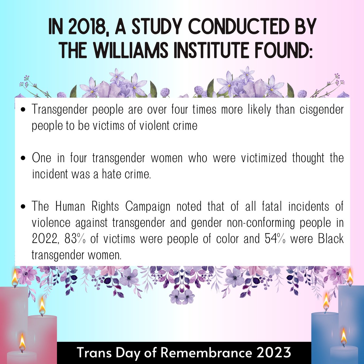 As we approach #tdor2023, we want to draw attention to the high rates of violence towards transgender people. This is likely exacerbated especially now due to the rise of anti-trans legislations, rhetoric, and media barrage.