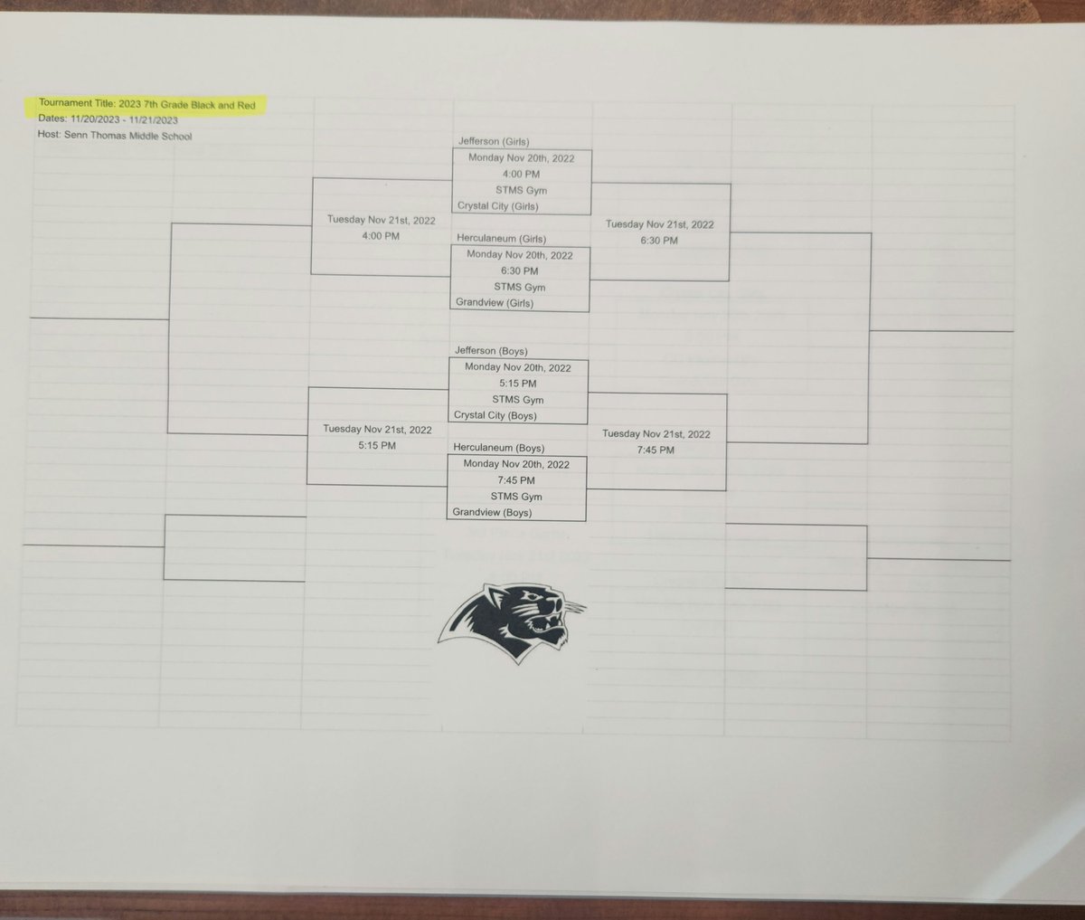 7th grade boys/girls Black and Red Tournament Bracket  11/20 &amp; 11/21
@ Herky