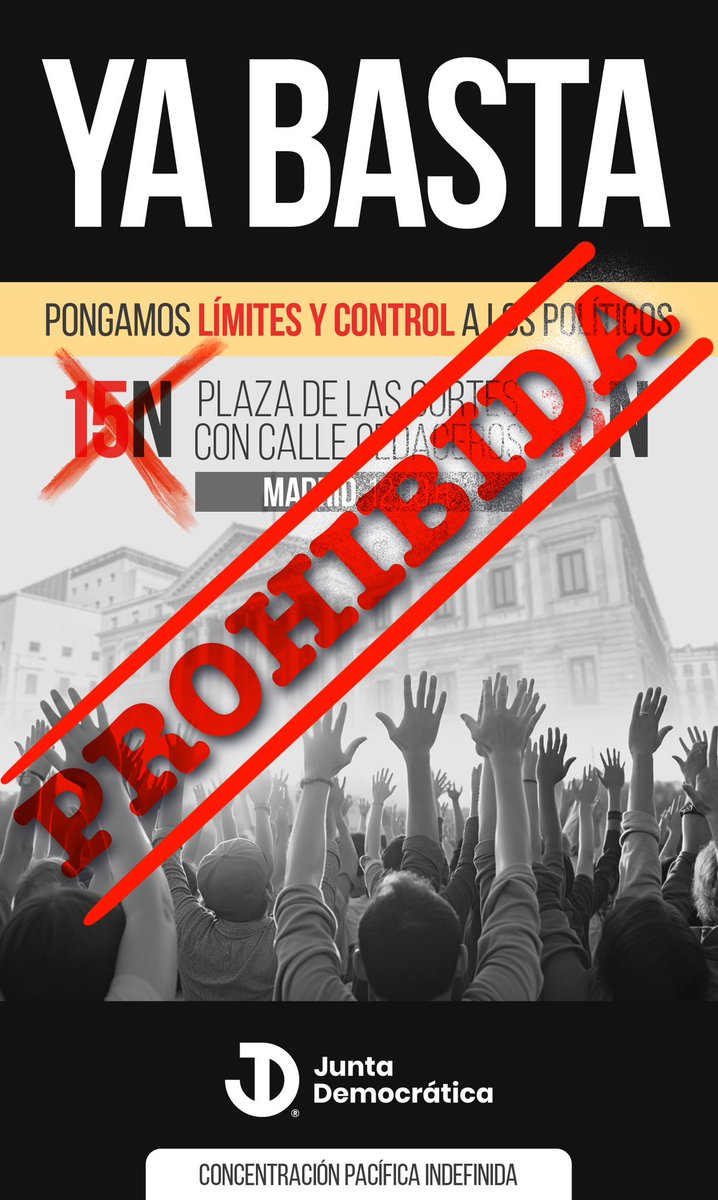 JDemocraticaES's tweet photo. 🚫 NOS PROHÍBEN EL ACTO DE MAÑANA

En breves momentos la Junta Democrática emitirá una nota de prensa con toda la información.

Convocamos para el 16N. https://t.co/wb1jFalBo8