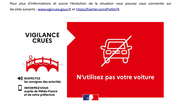 Prefet74's tweet photo. #méteo Vigilance crues 🔴en cours sur le département de la #HauteSavoie. Consultez ici le communiqué de presse de suivi de situation à 22h15.  Evitez tout déplacement qui ne serait pas indispensable et soyez extrêmement prudents! https://t.co/DCvPVNTOCD
