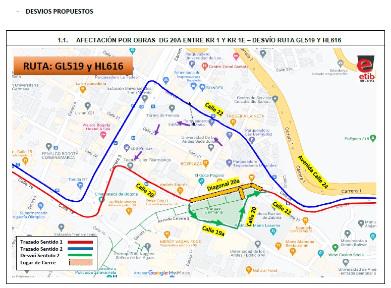 ¡#ATENCION USUARIOS! 📢

A partir del 14 de noviembre se realizaran desvios en la diagonal 20A entre la carrera 1 y carrera 1E, dado que se llevarán a cabo obras en la vía 🚧 con una duración de 4 meses, afectando las rutas GL519, HL616 y C80 en sentido sur-norte 🚌.
