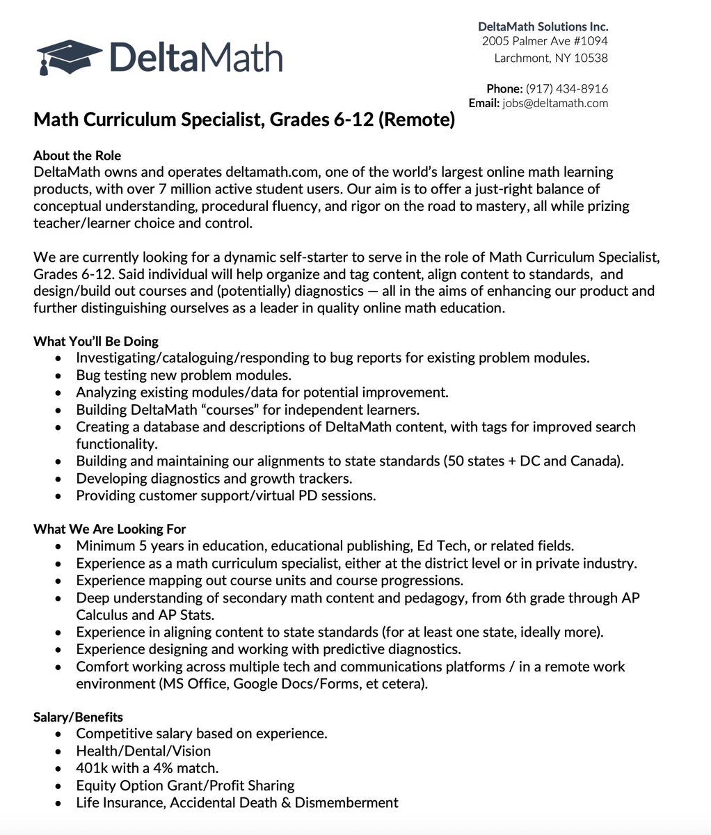 Zach Korzyk (@mrdeltamath) on Twitter photo DeltaMath is hiring for the position of Math Curriculum Specialist, Grades 6-12. See the attached image for a job description. We are looking for somebody to start between January and June. You can apply by emailing your resume to jobs@deltamath.com. DeltaMath is hiring for the position of Math Curriculum Specialist, Grades 6-12. See the attached image for a job description. We are looking for somebody to start between January and June. You can apply by emailing your resume to jobs@deltamath.com.