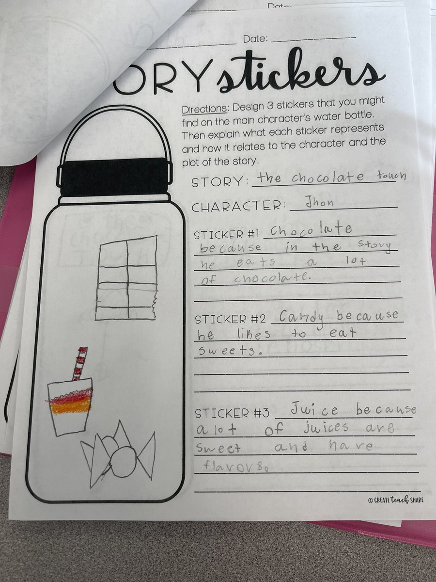 Probably one of my favorite reading activities we’ve done so far!! One of my book club groups is working on plot events and character traits. Today they designed stickers for the main character’s water bottle based on their traits and the events in the story. <a href="/E_ThompsonES/">Elaine Thompson Elementary</a>
