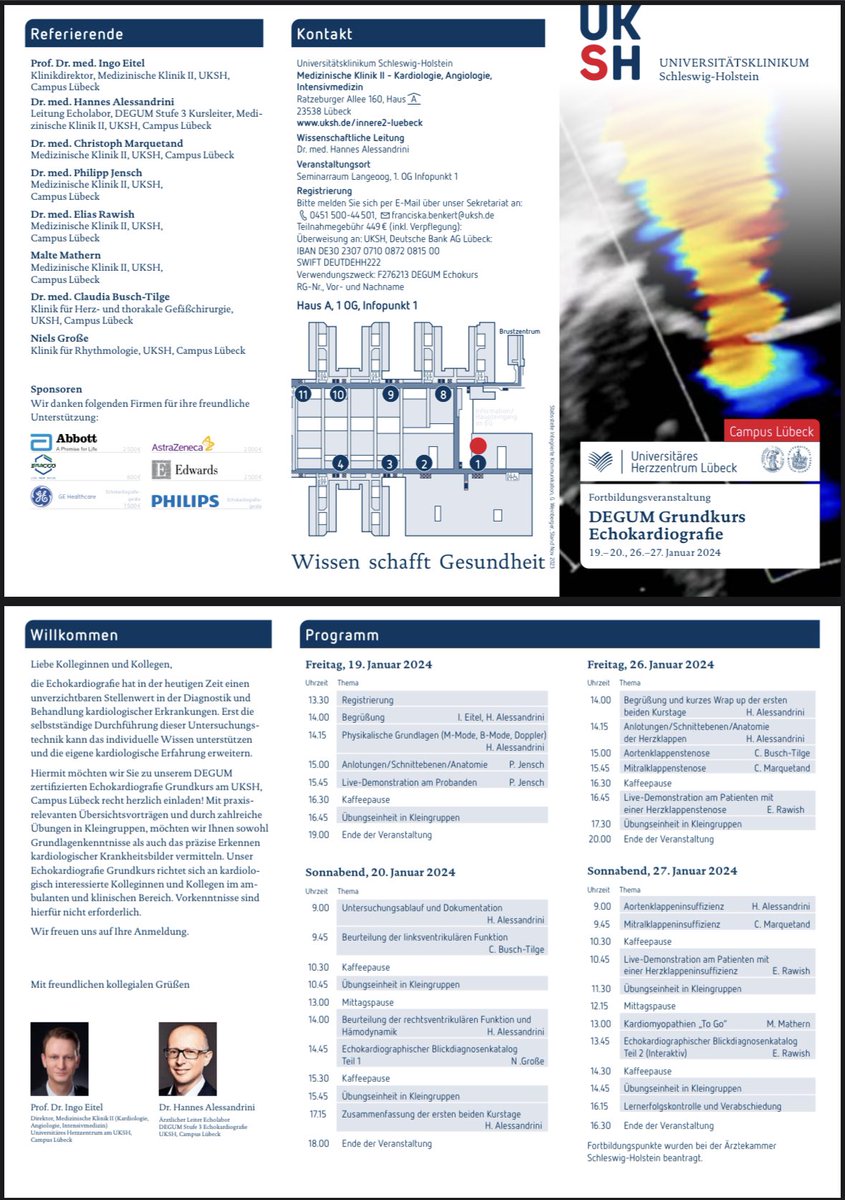 🚨 Save the date 🚨 
DEGUM Grundkurs Echokardiografie 
Herzliche Einladung für unseren ersten Grundkurs Echokardiografie nach den Richtlinien der DEGUM am #UniversitäreHerzzentrumLübeck des Universitätsklinikum Schleswig-Holstein am 19.01/20.01 und 26.01/27.01.2024. 
👉🏻 Flyer