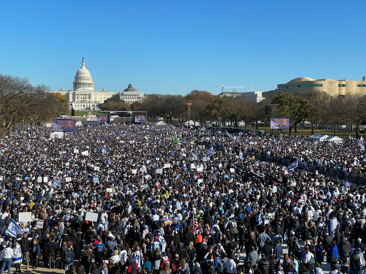 LahavHarkov's tweet photo. The final estimated turnout for the rally for Israel and against Jew hatred is now 290,000, making it the Jewish community's largest turnout ever. The previous record gathering was 250,000 to free Soviet Jewry in 1987. https://t.co/bI9QwxXy8Z