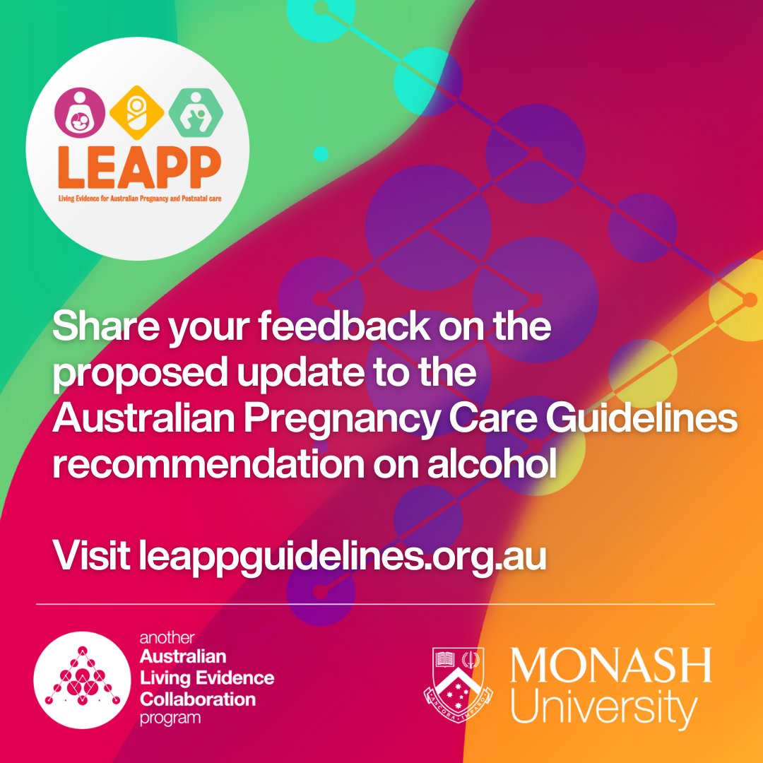 CochraneAus's tweet photo. 🤰 The first updated alcohol in pregnancy recommendation is now open for public consultation.
We'd love to hear your feedback. Visit the guidelines and let us know what you think https://t.co/LBVE10eQy2 @leappguidelines
#pregnancy #postnatal #leappguidelines #alcohol https://t.co/wPc8Kw7Cew