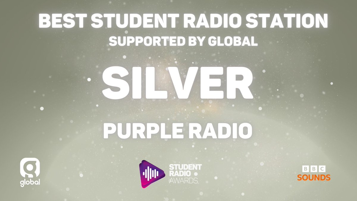 SRA's tweet photo. Taking home the Silver award for Best Student Radio Station supported by @global  is @PurpleRadioUK  Congratulations! 🎊 #SRAs https://t.co/FnE9FKd0A9
