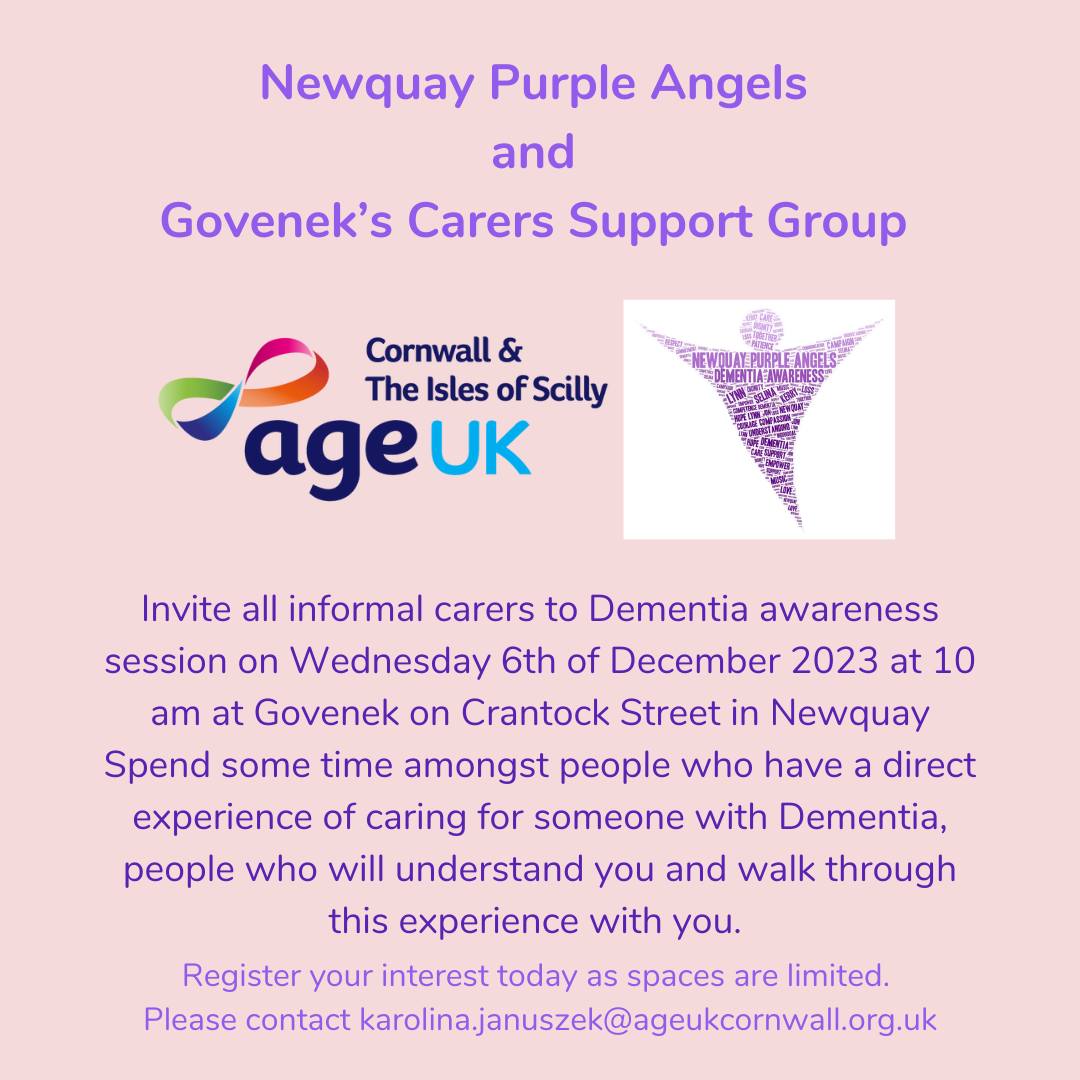 Spaces are still available @govenek #newquay for anyone who wants to learn a bit more about Dementia and support the one you care for in everyday life. Everyone is welcome karolina.januszek@ageukcornwall.org.uk or ☎️01637 876 150.