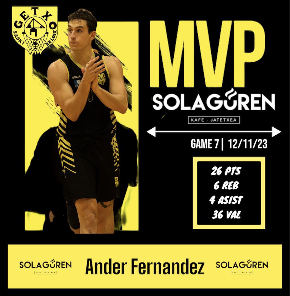 GetxoSaski's tweet photo. Pese a la derrota frente a @PasPielagos Ander Fernandez volvió a coronarse por segundo fin de semana consecutivo como MVP Solaguren para lograr el tercero de la temporada. Su partido:📊
26 puntos🏀
6 rebotes🔒
4 asistencias🌟
Para un total de 36 de valoración.
#getxosaski https://t.co/UJV1aY7taY