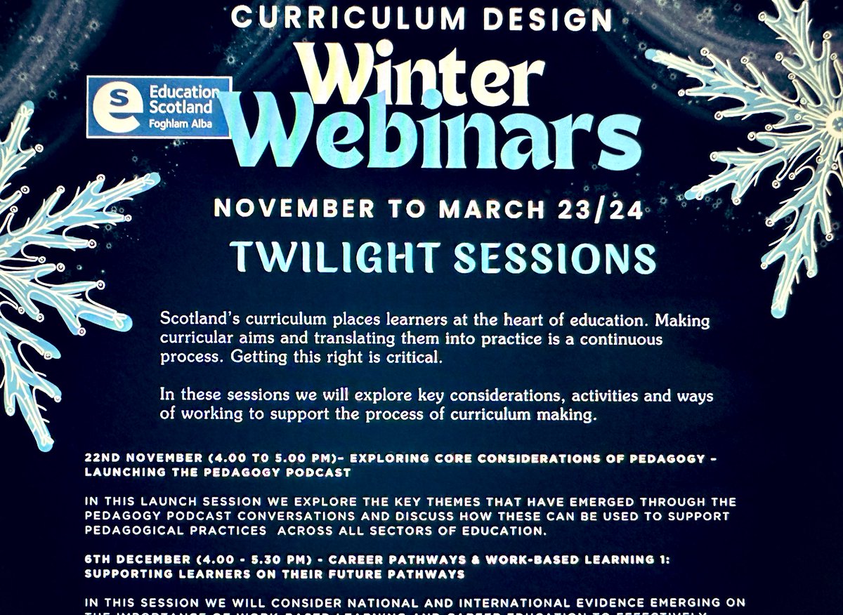 Kicking off these #WinterWebinars next week with @BexieEwart chatting about the new series #ThePedagogyPodcast 

Join us online between 4pm and 5pm with a wee cuppa if you can! ☕️ 

Sign up here 👉  tinyurl.com/5n6z3mt4

Access the podcasts playlist 👉  tinyurl.com/2edzncaz