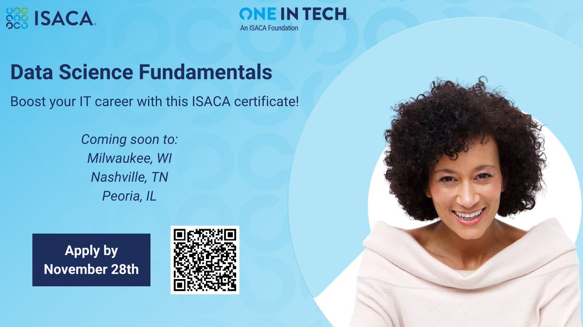 One In Tech, an ISACA Foundation (@weareoneintech) on Twitter photo Are you interested in learning more about #datascience? This <a href="/ISACANews/">ISACA Global</a> course is for adults with an IT knowledge base, who are looking to upskill in the area of data science. The free in-person training is led by an industry professional. To apply: bit.ly/3ujFD92 Are you interested in learning more about #datascience? This <a href="/ISACANews/">ISACA Global</a> course is for adults with an IT knowledge base, who are looking to upskill in the area of data science. The free in-person training is led by an industry professional. To apply: bit.ly/3ujFD92