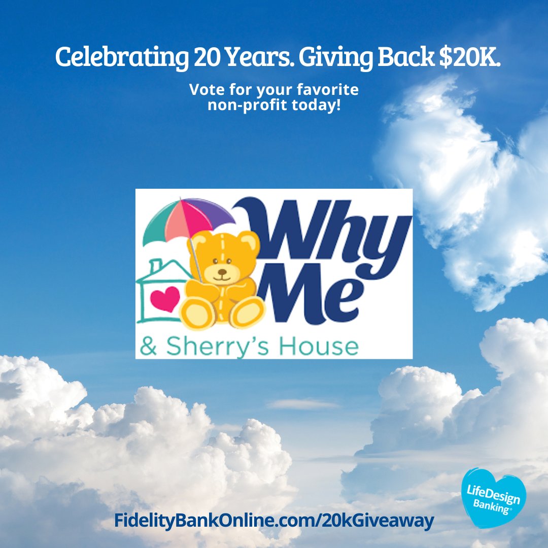 #20kGiveaway 💙 Meet our finalist: Why Me &amp; Sherry's House

Supporting children and families in Worcester affected by childhood cancer since 1985.

Your vote decides which finalists get a share of $20,000. Learn more and cast your vote by Nov 17, 2023: fidelitybankonline.com/20kgiveaway.