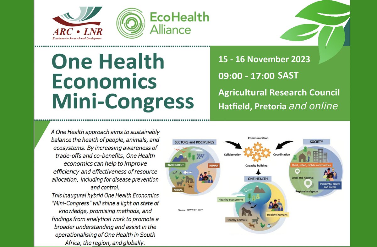 Join us for the #OneHealth Economics Mini-Congress starting tomorrow at 9:00am in South Africa and online. Thank you to @ARCSouthAfrica for hosting this event! We are excited for knowledge exchange. youtube.com/live/n1dQWpYnZ…