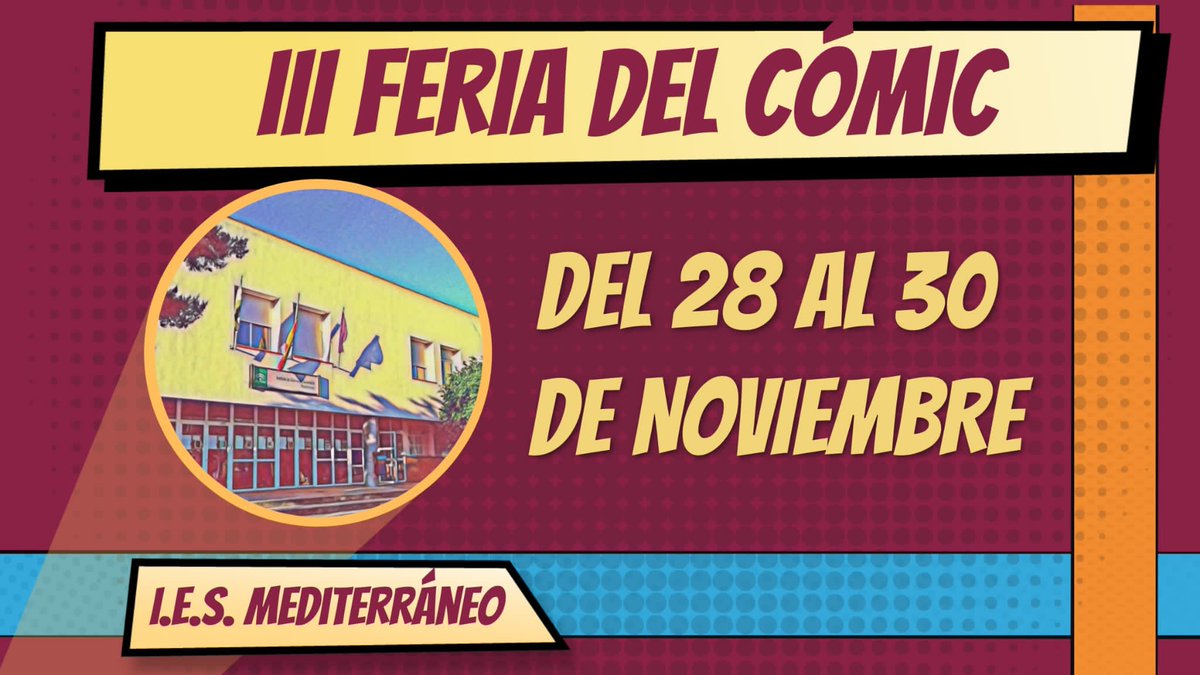 IES_Med's tweet photo. III Feria del cómic en el IES Mediterráneo del 28 al 30 de noviembre. Nuestros alumnos/as podrán adquirir sus cómics con un 20% de descuento. Un 10% a cargo de la librería y otro 10% a cargo del centro #iesmediterraneo @aytosalobrena https://t.co/rrHjuTsuLi