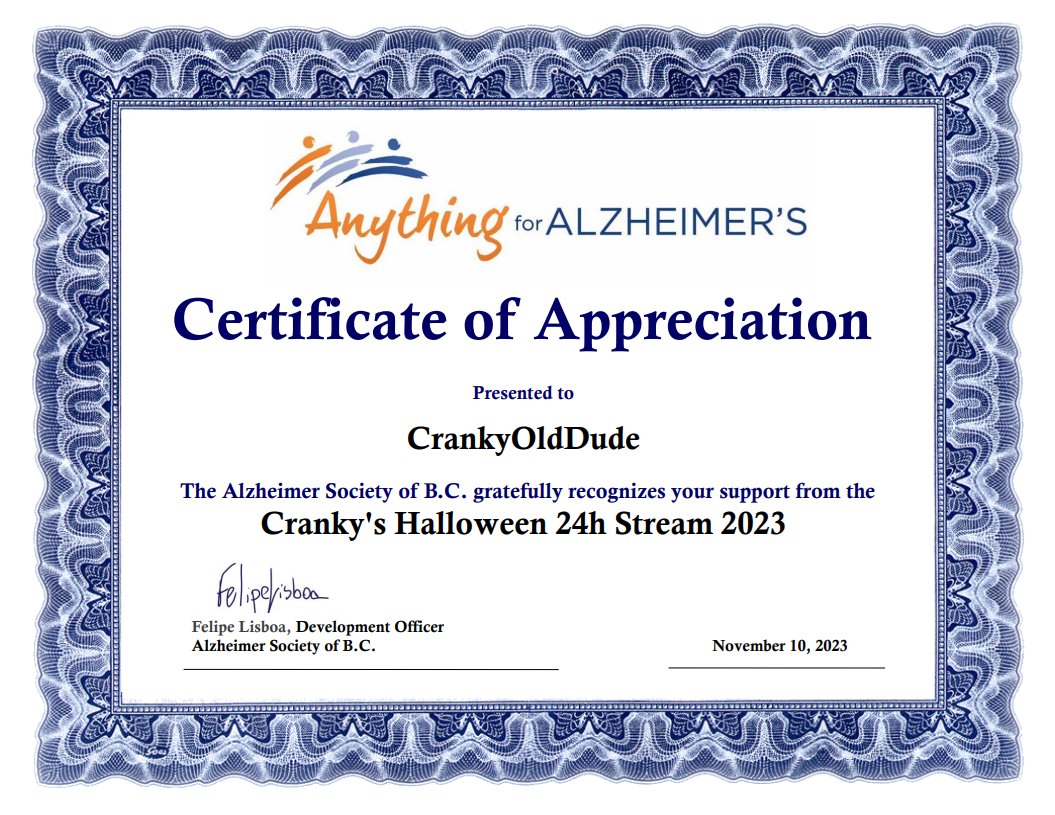 CrankyOldDudeG1's tweet photo. Our deepest appreciation and thanks to EVERYONE who donated, participated, attended and or watched our VOD of the 4th Annual Cranky Old Dude 24hr Alzheimer's Charity Stream. https://t.co/FHgy8akI1C