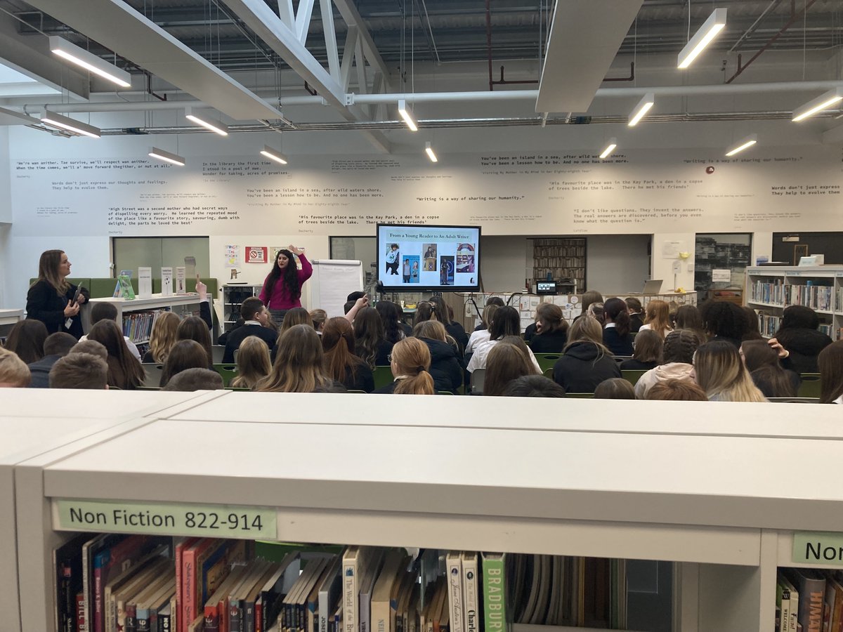 Kilmarnock Academy Library was proud to host author @nadineaishaj - so many of our pupils can now be found reading signed copies of your book across the whole school!