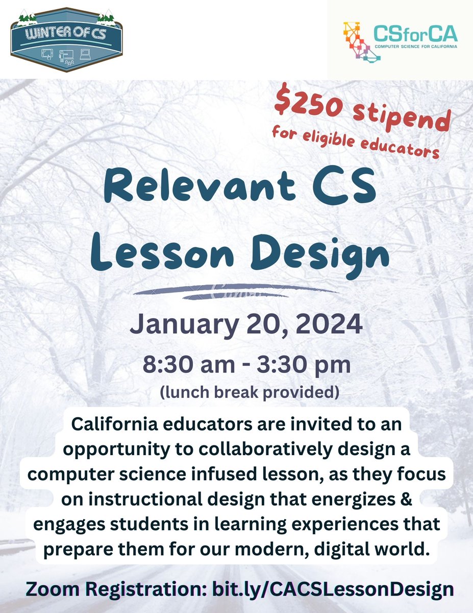 Katherine Goyette (@kat_goyette) on Twitter photo California educators are invited to a stipended opportunity to collaboratively design a computer science infused lesson, to prepare students for our modern, digital world. Registration: us02web.zoom.us/meeting/regist… California educators are invited to a stipended opportunity to collaboratively design a computer science infused lesson, to prepare students for our modern, digital world. Registration: us02web.zoom.us/meeting/regist…