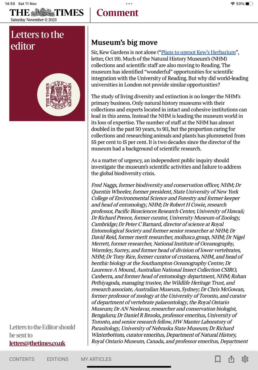 Sadly the proposed break-up of Kew’s collections is not alone. This reckless failure of duty for the welfare of biodiversity is impacting the Natural History Museum too. Fred Naggs, former NHM biodiversity and conservation officer states ‘[the museum] cannot function as…