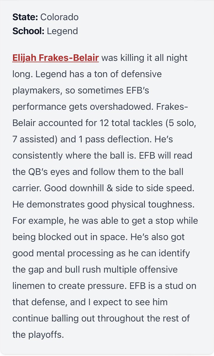 eli_frakes33's tweet image. Thank you @PrepRedzoneCO and @MattT8Scouting for the recognition! 🙏🏻🙏🏻🙏🏻

We are a very good defense and have our work cut out for us against a very good, undefeated team this week, but we will leave it all out on the field!

#5Afootball #coprep #chsaaplayoffs