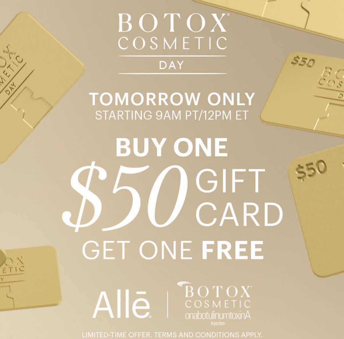 Tomorrow only. Botox Day! Use your gift card for Botox anytime. Can use it at our holiday party! Redeem through alle.com