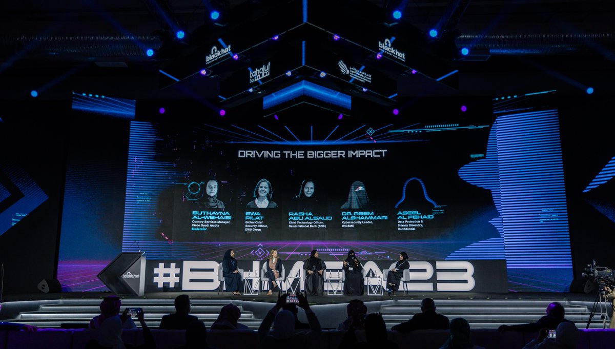 CiscoSaudia's tweet photo. Truly inspiring Women in Cyber Panel moderated by Buthayna Al-Wehaibi with some celebrated women in cybersecurity sharing their stories and expertise, for a more inclusive and innovative future 🌟
#WomeninSTEM #BHMEA23 #CiscoBHMEA 
@Bwehaibi @Blackhatmea https://t.co/3coOr3jq4N