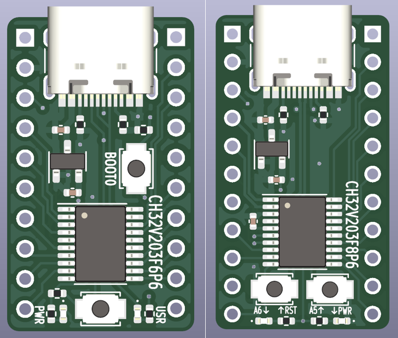 I am currently making progress on new dev boards... there is CH32V203F6P6 and CH32V203F8P6.

I will also try out the new CH32X033F8P6, which looks very interesting, similar features to V203 and much cheaper (45ct at 20pcs) :)
I will design the board for it at the weekend.