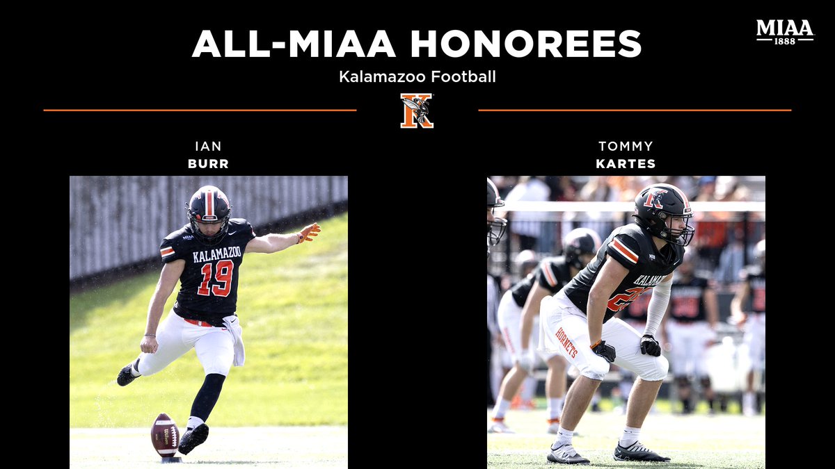 Kalamazoo College Athletics (@khornets) on Twitter photo The <a href="/KzooFootball/">Kalamazoo College Football</a> team had two All-MIAA honorees this season! Ian Burr was selected to the First Team as the kicker and the Second Team as the punter, while Tommy Kartes gained Second Team honors defensively! Congratulations, gentlemen! #GoHornets
Story: tinyurl.com/37tc9u5n The <a href="/KzooFootball/">Kalamazoo College Football</a> team had two All-MIAA honorees this season! Ian Burr was selected to the First Team as the kicker and the Second Team as the punter, while Tommy Kartes gained Second Team honors defensively! Congratulations, gentlemen! #GoHornets
Story: tinyurl.com/37tc9u5n