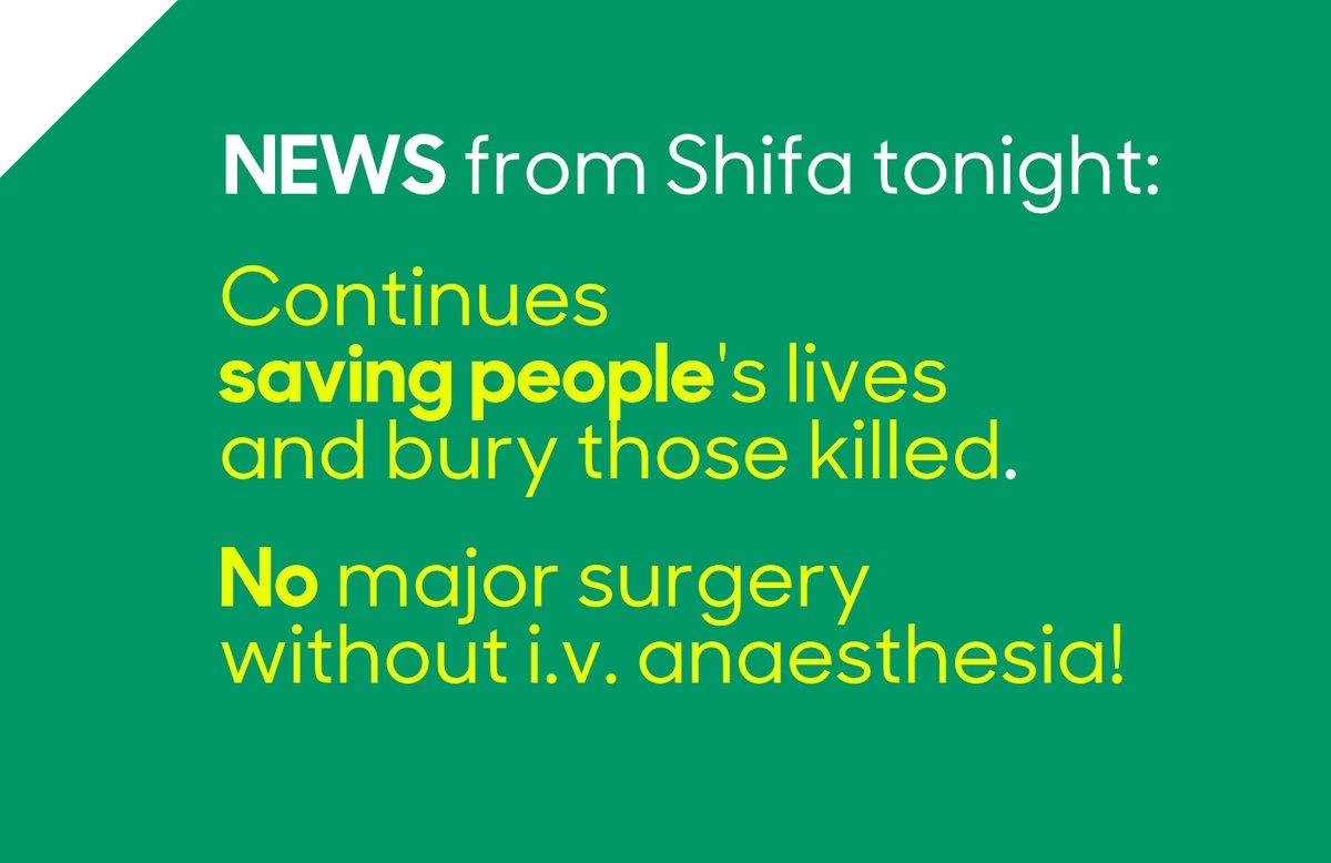 NEWS from Shifa Hospital tonight
14.11.2023

Message received:

We succeed to bury 82 dead bodies  in mass  grave today 14.11.2023 but the remaining dead bodies around 80
Also we manged to do haemodialysis for 45 patients for two hours only with great difficulites to keep them