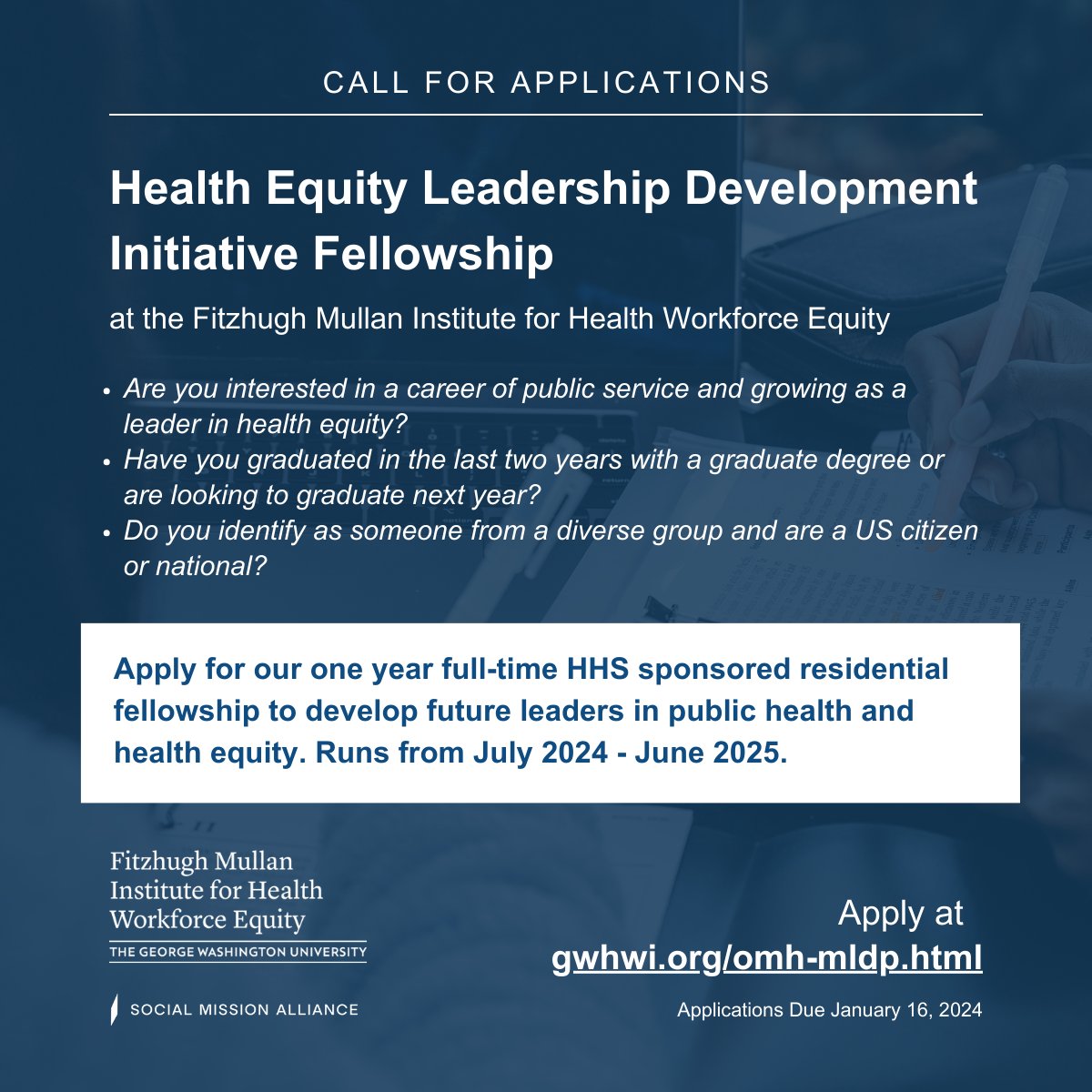 Recent and upcoming grads: our @HHSGov sponsored fellowship for 2024-2025 is now open! See if you are eligible and apply to be a Health Equity Leadership Development Initiative Fellow at gwhwi.org/omh-mldp.html #PublicHealth