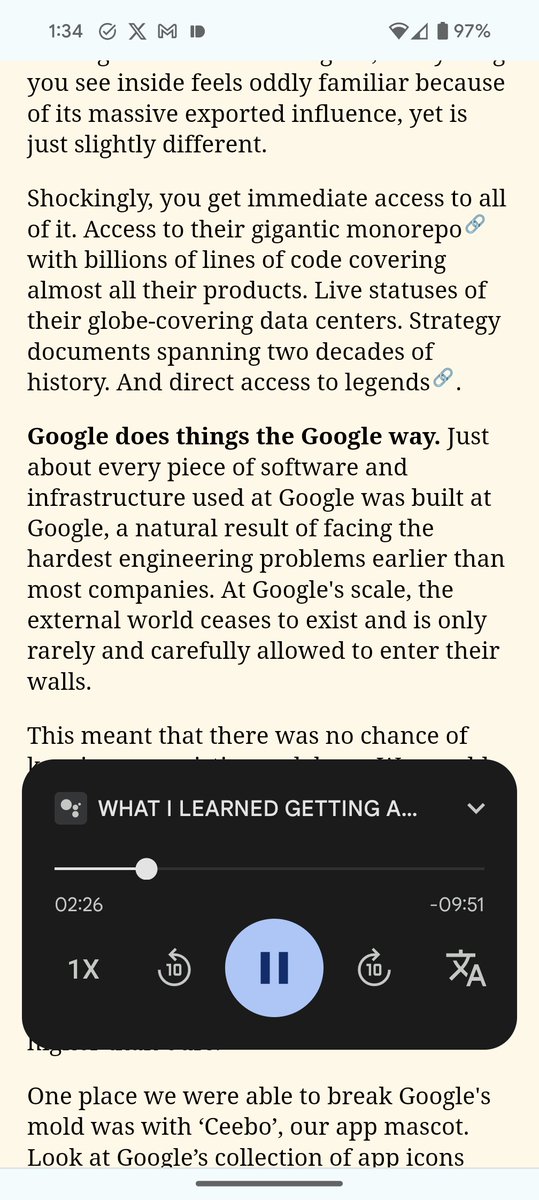 ArtemR's tweet photo. Looks like Google quietly updated the Read Aloud functionality of Assistant and made it an overlay.

Except everything else about it is worse.

I can't figure out how to make it follow along with the text like it used to or how to tap on a certain word to start playback from that moment.

It also no longer shows the playback notification and stops playing when I switch to another app, meaning background playback is dead.

This completely ruins the whole feature for me. Why @google @Android @davey_burke??