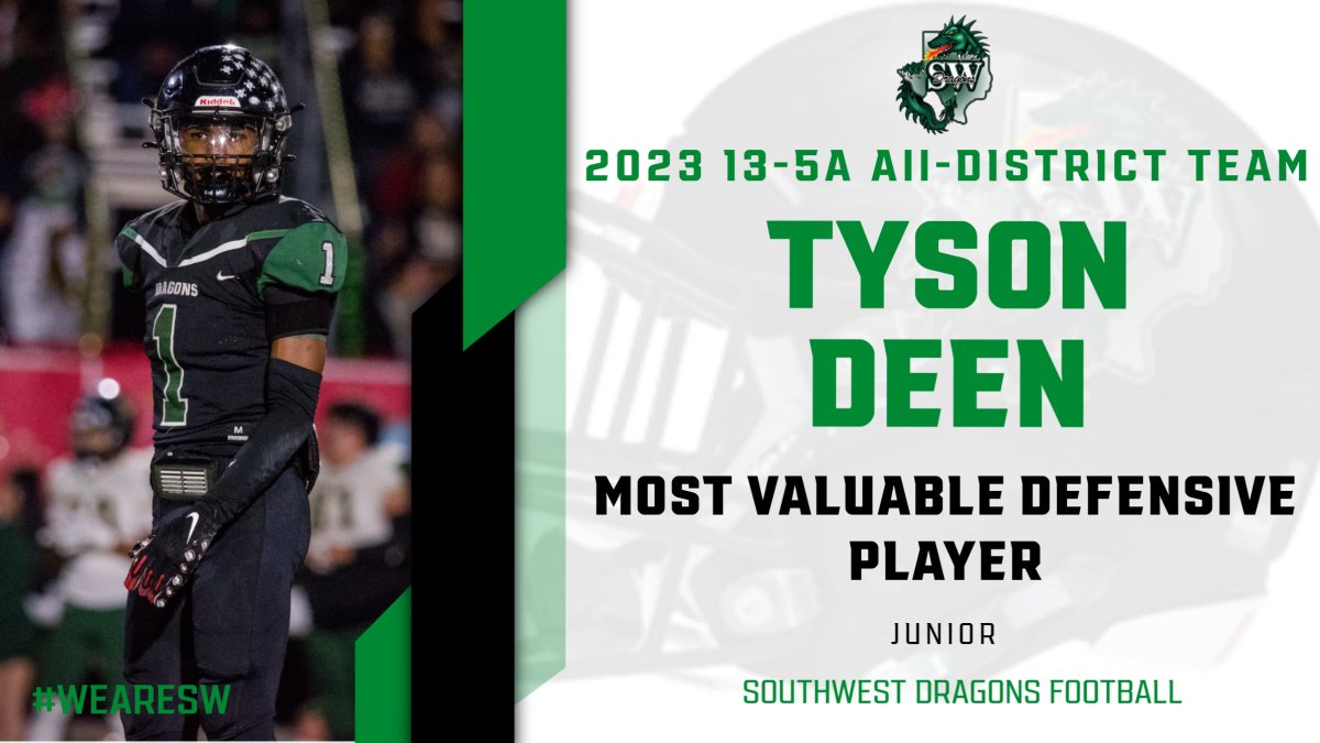 Southwest Dragons Football (@swdragonsfb) on Twitter photo 2023 13-5A Defensive Player of the Year is <a href="/tyson_deen/">Tyson Deen</a>. Congratulations Tyson! #WeareSW #AAAO 2023 13-5A Defensive Player of the Year is <a href="/tyson_deen/">Tyson Deen</a>. Congratulations Tyson! #WeareSW #AAAO