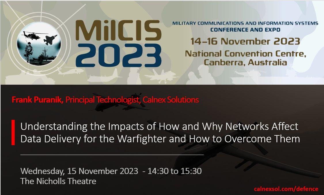 iTrinegy's tweet photo. MilCIS 2023 Tutorial - Wednesday 15 November at 14:30 in the Nicholls Theatre.

Join Frank Puranik, Principal Technologist, Calnex Solutions, presents: "Understanding the Impacts of How and Why Networks Affect Data Delivery for the Warfighter and How to Overcome Them"
#MilCIS2023 https://t.co/Sv2bLKP6k1