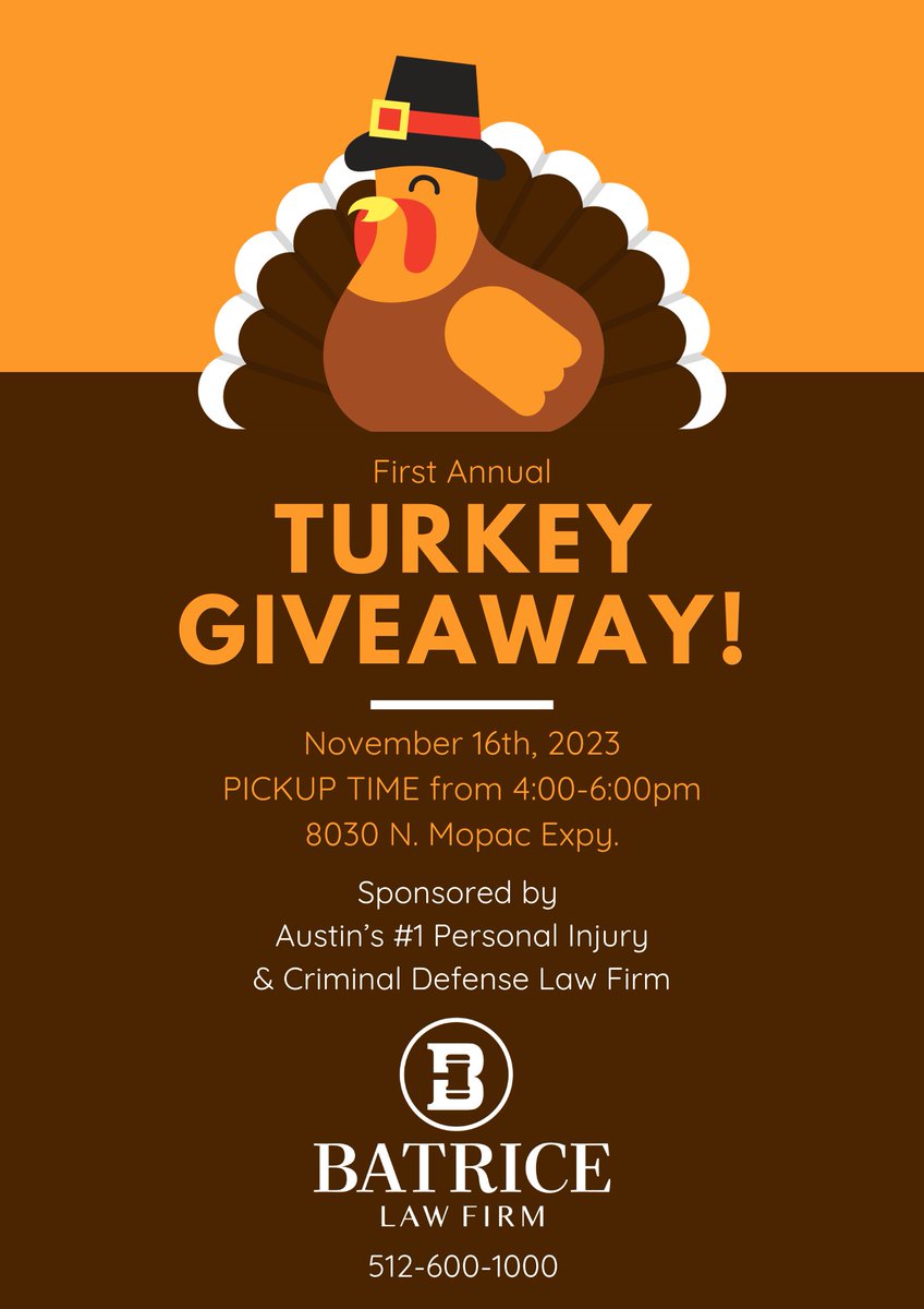 BatriceLawFirm's tweet photo. Don't forget to join us THIS THURSDAY for our first annual Turkey Giveaway!  There's plenty to go around, so please share this info with anyone needing extra help this Thanksgiving!

#batricelawfirm #personalinjury #criminaldefense #lawyer #thanksgiving #turkeygiveaway https://t.co/JLOPuh13sD