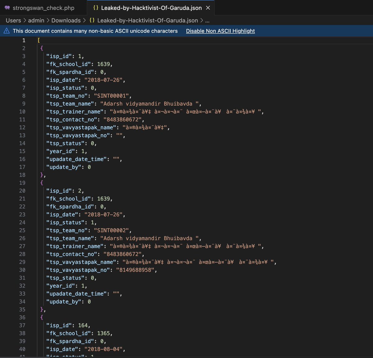 hackerthread's tweet image. Indian Students Data Leaked
Hactivist of Garuda leaked over 7,000 records showing students names, team names, trainers name and contact phone number. It is unclear exactly what site the information came from or who or what hack was used to actually obtain the data.
#Hacked…