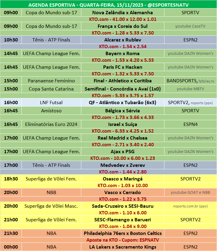 Esportes Na TV 📺 on X: A agenda esportiva deste SÁBADO (11/11/2023) Faça  sua aposta na @KTO_brasil utilizando o cupom ESPNATV no cadastro e garanta  20% de bônus no seu primeiro depósito!