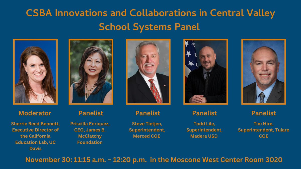 Learn about education innovations in CA Central Valley from expert @SherrieReed5, @JBMcClatchy CEO @prisc_enriquez & educational leaders Steve Tietjen @MercedCOE, Todd Lile @MUnified, and Tim Hire @tularecoe. @CSBA_Now #AEC Nov. 30th 11:15 am at the Moscone West Center, Room 3020