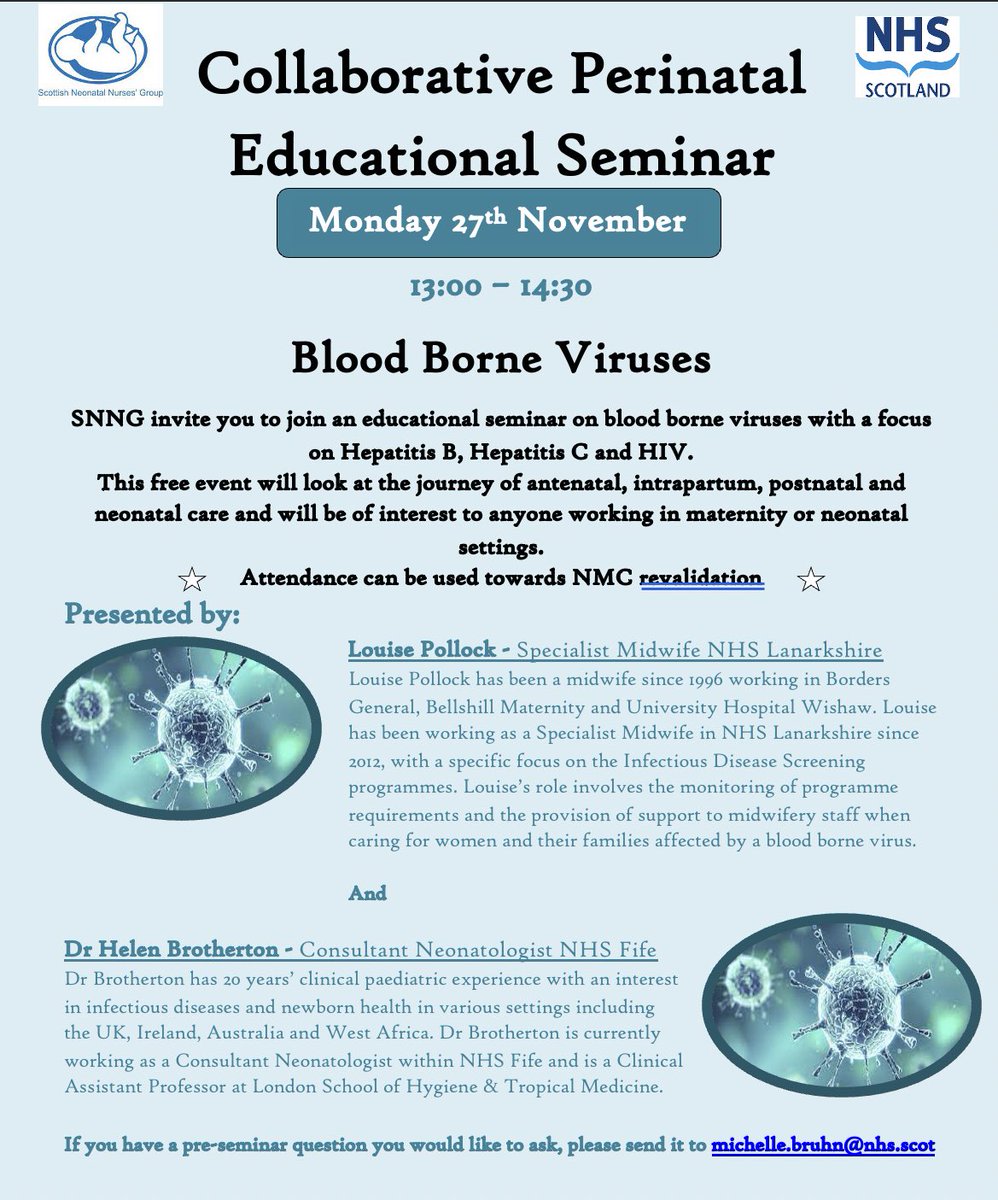 ScotNeoNurses's tweet image. We are delighted to be hosting a collaborative perinatal educational seminar on Blood Borne Viruses for all NHS Scotland Maternity & Neonatal staff. DM us if you wish to join and hear from our wonderful specialist speakers from obstetrics & neonates
#sharedlearning #perinatal